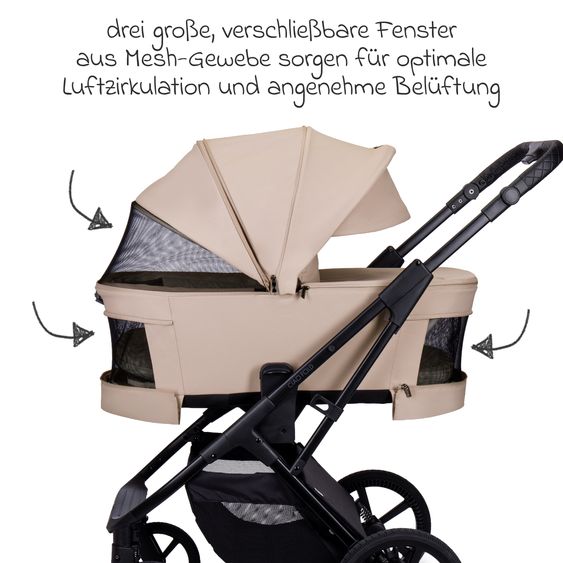 Moon 2 in 1 Kombi-Kinderwagen Ciao FOLD bis 22 kg mit faltbarer Babywanne, Liegeposition, Knickschieber - Sand