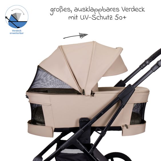 Moon 2 in 1 Kombi-Kinderwagen Ciao FOLD bis 22 kg mit faltbarer Babywanne, Liegeposition, Knickschieber - Sand