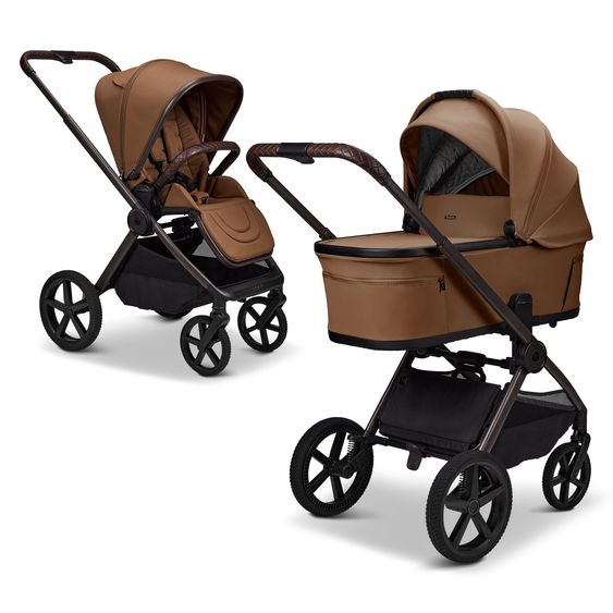 Moon 2 in 1 Kombi-Kinderwagen Gio FOLD bis 22 kg mit faltbarer Babywanne, Liegeposition, Teleskopschieber - Cognac
