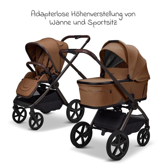 Moon 2 in 1 Kombi-Kinderwagen Gio FOLD bis 22 kg mit faltbarer Babywanne, Liegeposition, Teleskopschieber - Cognac