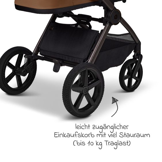 Moon 2 in 1 Kombi-Kinderwagen Gio FOLD bis 22 kg mit faltbarer Babywanne, Liegeposition, Teleskopschieber - Cognac