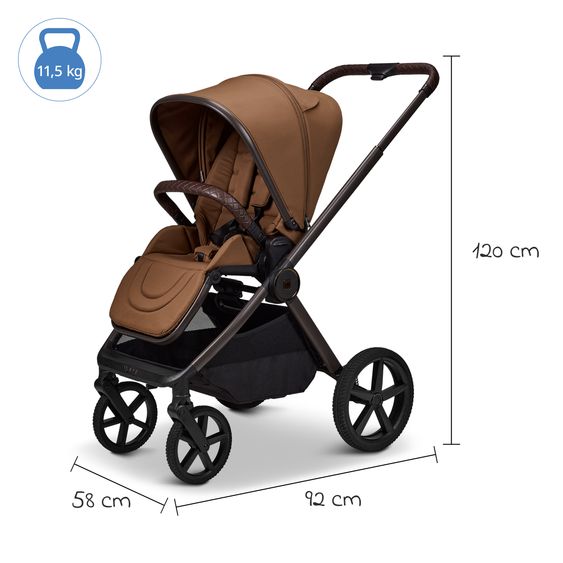 Moon 2 in 1 Kombi-Kinderwagen Gio FOLD bis 22 kg mit faltbarer Babywanne, Liegeposition, Teleskopschieber - Cognac