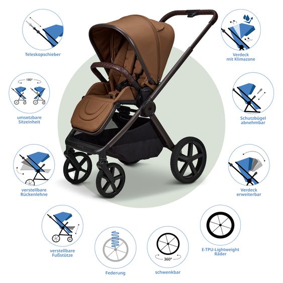 Moon 2 in 1 Kombi-Kinderwagen Gio FOLD bis 22 kg mit faltbarer Babywanne, Liegeposition, Teleskopschieber - Cognac
