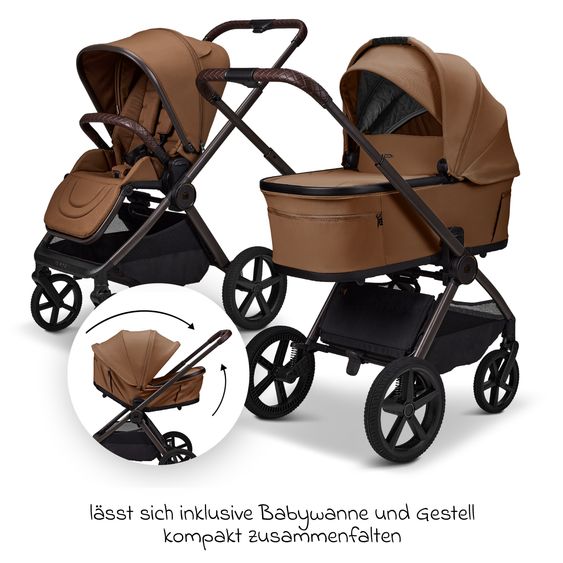 Moon 2 in 1 Kombi-Kinderwagen Gio FOLD bis 22 kg mit faltbarer Babywanne, Liegeposition, Teleskopschieber - Cognac