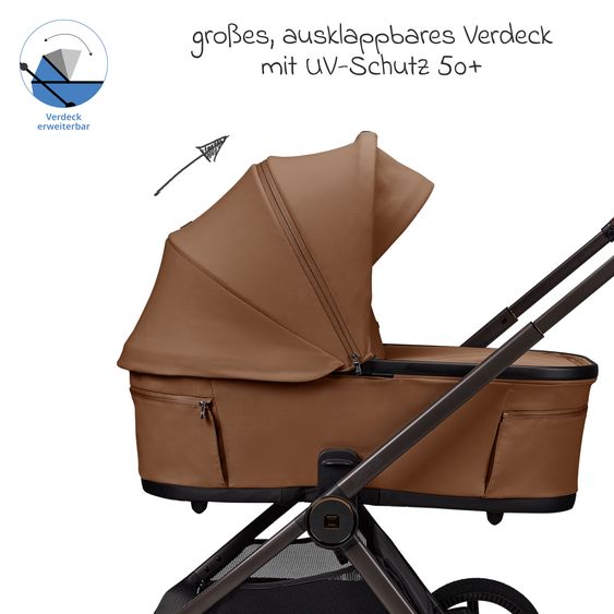 Moon 2 in 1 Kombi-Kinderwagen Gio FOLD bis 22 kg mit faltbarer Babywanne, Liegeposition, Teleskopschieber - Cognac