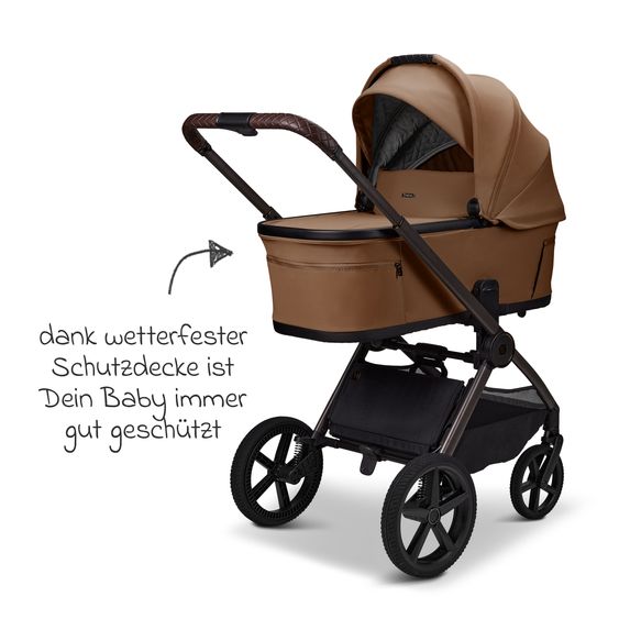 Moon 2 in 1 Kombi-Kinderwagen Gio FOLD bis 22 kg mit faltbarer Babywanne, Liegeposition, Teleskopschieber - Cognac