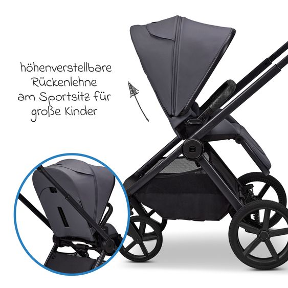 Moon 2 in 1 Kombi-Kinderwagen Gio FOLD bis 22 kg mit faltbarer Babywanne, Liegeposition, Teleskopschieber - Graphite