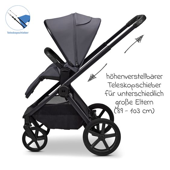 Moon 2 in 1 Kombi-Kinderwagen Gio FOLD bis 22 kg mit faltbarer Babywanne, Liegeposition, Teleskopschieber - Graphite