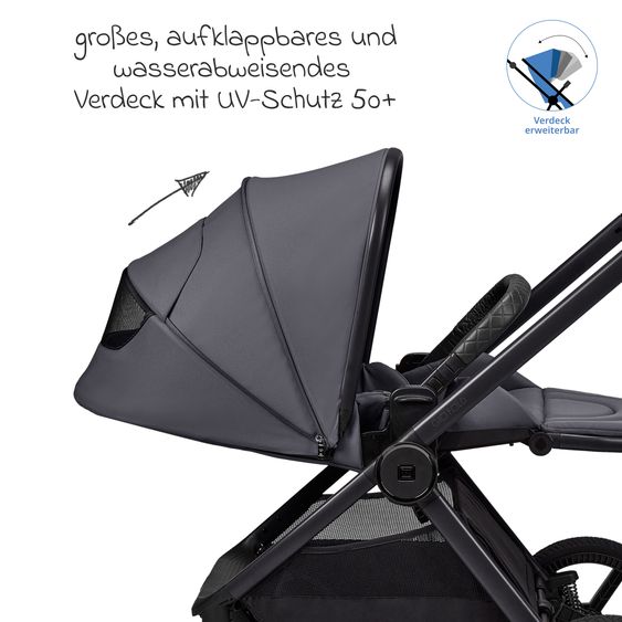 Moon 2 in 1 Kombi-Kinderwagen Gio FOLD bis 22 kg mit faltbarer Babywanne, Liegeposition, Teleskopschieber - Graphite