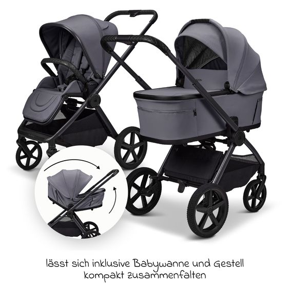 Moon 2 in 1 Kombi-Kinderwagen Gio FOLD bis 22 kg mit faltbarer Babywanne, Liegeposition, Teleskopschieber - Graphite