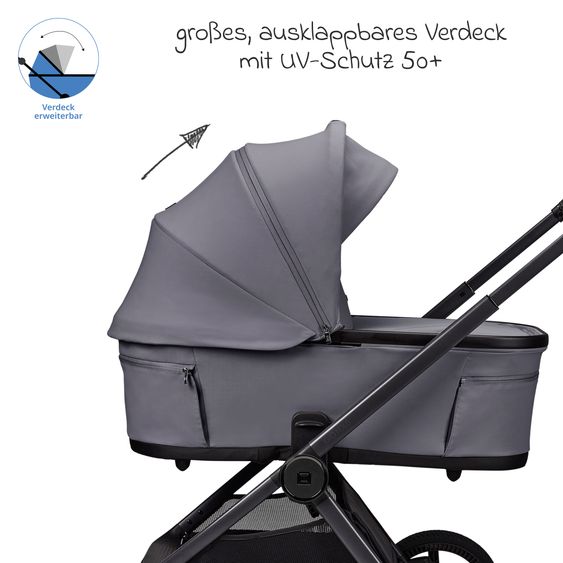 Moon 2 in 1 Kombi-Kinderwagen Gio FOLD bis 22 kg mit faltbarer Babywanne, Liegeposition, Teleskopschieber - Graphite