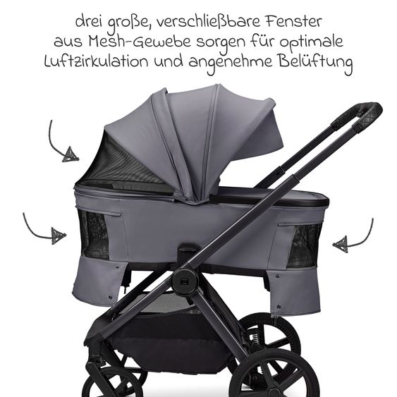 Moon 2 in 1 Kombi-Kinderwagen Gio FOLD bis 22 kg mit faltbarer Babywanne, Liegeposition, Teleskopschieber - Graphite