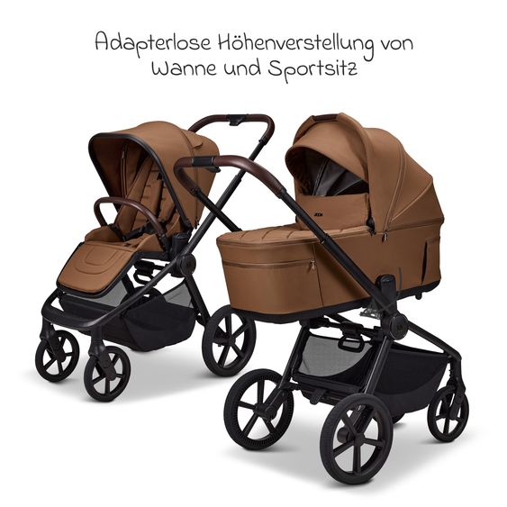 Moon 2 in 1 Kombi-Kinderwagen Resea FOLD bis 22 kg mit faltbarer Babywanne, Liegeposition, Teleskopschieber - Cognac