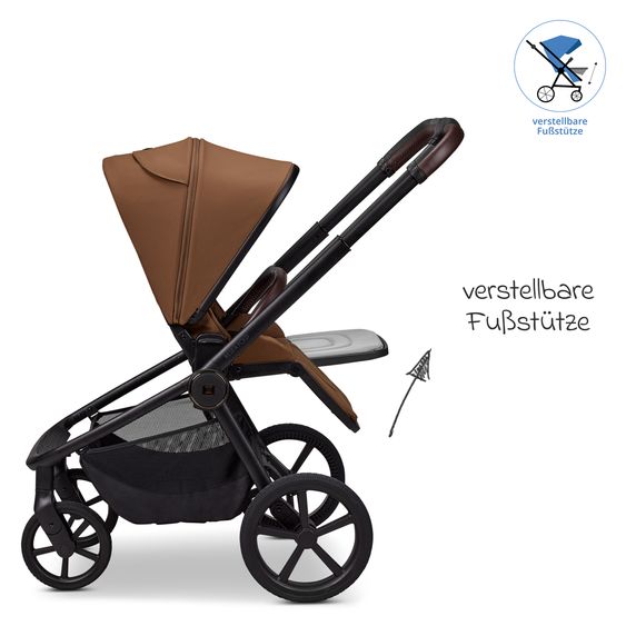 Moon 2 in 1 Kombi-Kinderwagen Resea FOLD bis 22 kg mit faltbarer Babywanne, Liegeposition, Teleskopschieber - Cognac