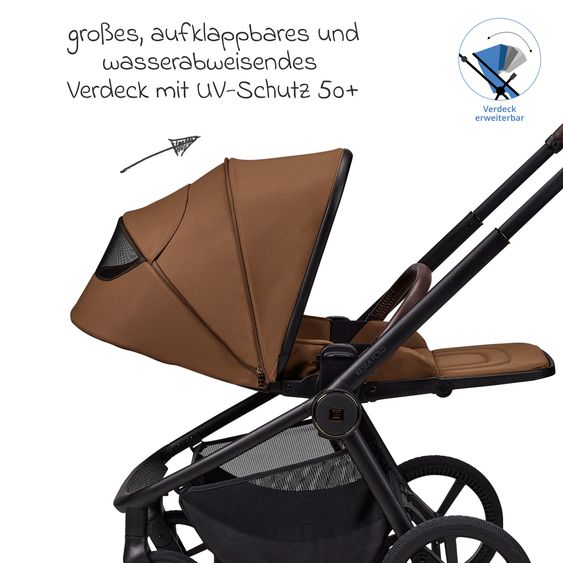 Moon 2 in 1 Kombi-Kinderwagen Resea FOLD bis 22 kg mit faltbarer Babywanne, Liegeposition, Teleskopschieber - Cognac
