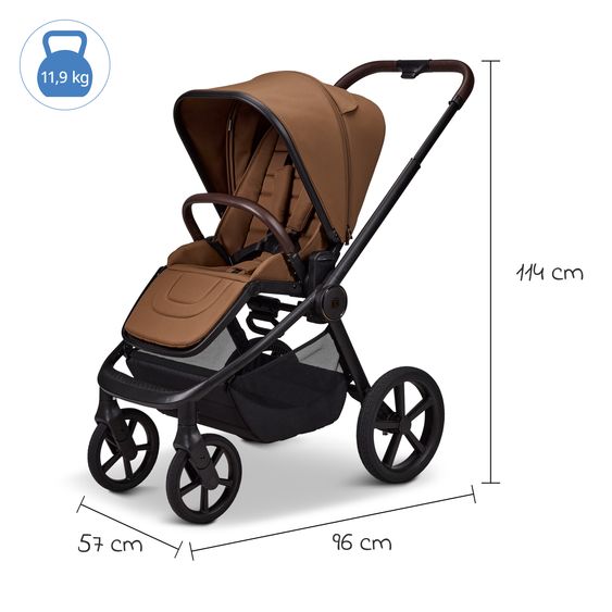 Moon 2 in 1 Kombi-Kinderwagen Resea FOLD bis 22 kg mit faltbarer Babywanne, Liegeposition, Teleskopschieber - Cognac