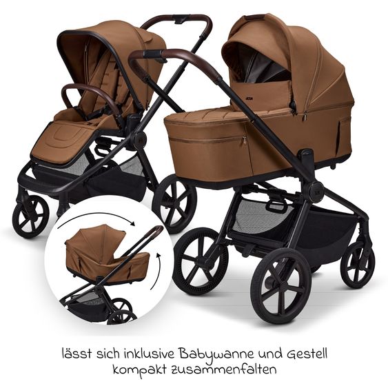 Moon 2 in 1 Kombi-Kinderwagen Resea FOLD bis 22 kg mit faltbarer Babywanne, Liegeposition, Teleskopschieber - Cognac