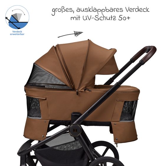 Moon 2 in 1 Kombi-Kinderwagen Resea FOLD bis 22 kg mit faltbarer Babywanne, Liegeposition, Teleskopschieber - Cognac