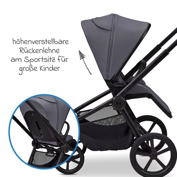 Moon 2 in 1 Kombi-Kinderwagen Resea FOLD bis 22 kg mit faltbarer Babywanne, Liegeposition, Teleskopschieber - Graphite