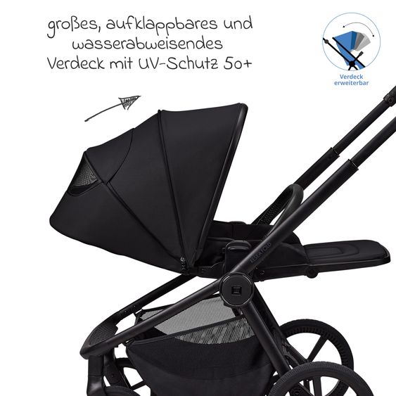 Moon 2 in 1 Kombi-Kinderwagen Resea FOLD bis 22 kg mit faltbarer Babywanne, Liegeposition, Teleskopschieber - Onyx