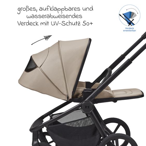 Moon 2 in 1 Kombi-Kinderwagen Resea FOLD bis 22 kg mit faltbarer Babywanne, Liegeposition, Teleskopschieber - Sand