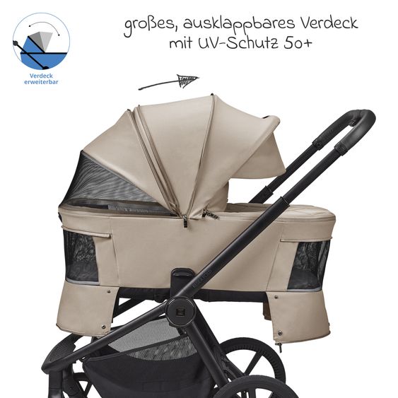 Moon 2 in 1 Kombi-Kinderwagen Resea FOLD bis 22 kg mit faltbarer Babywanne, Liegeposition, Teleskopschieber - Sand