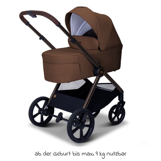Moon 2 in 1 Combi Stroller Stylo up to 22 kg with recline position, telescopic handlebar, changing backpack, adapter & rain cover - Cognac