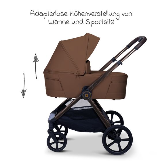 Moon 2 in 1 Combi Stroller Stylo up to 22 kg with recline position, telescopic handlebar, changing backpack, adapter & rain cover - Cognac