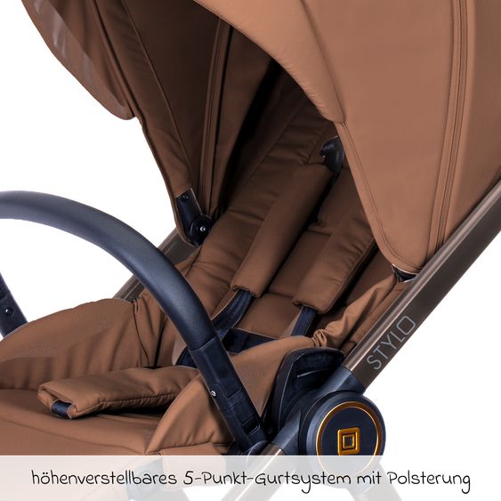 Moon 2 in 1 Combi Stroller Stylo up to 22 kg with recline position, telescopic handlebar, changing backpack, adapter & rain cover - Cognac