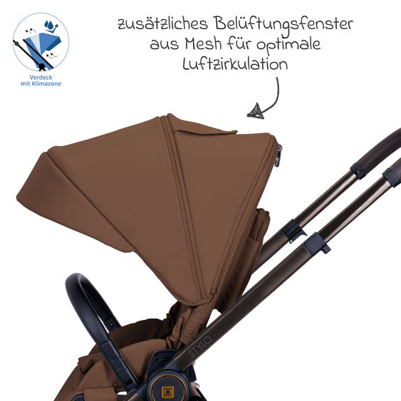 Moon 2 in 1 Combi Stroller Stylo up to 22 kg with recline position, telescopic handlebar, changing backpack, adapter & rain cover - Cognac