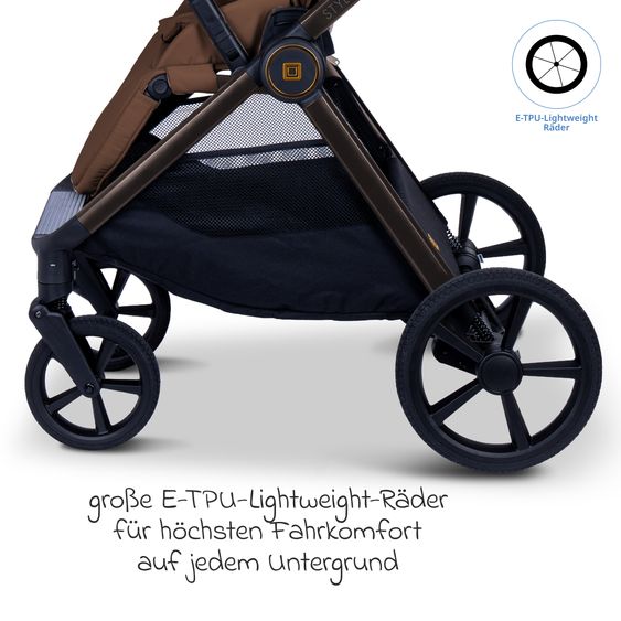 Moon 2 in 1 Combi Stroller Stylo up to 22 kg with recline position, telescopic handlebar, changing backpack, adapter & rain cover - Cognac