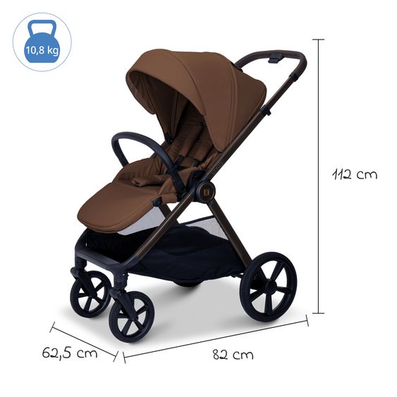 Moon 2 in 1 Combi Stroller Stylo up to 22 kg with recline position, telescopic handlebar, changing backpack, adapter & rain cover - Cognac