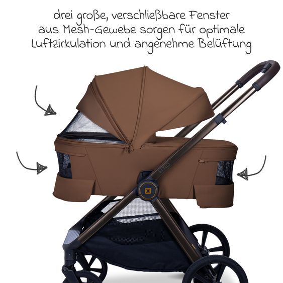 Moon 2 in 1 Combi Stroller Stylo up to 22 kg with recline position, telescopic handlebar, changing backpack, adapter & rain cover - Cognac