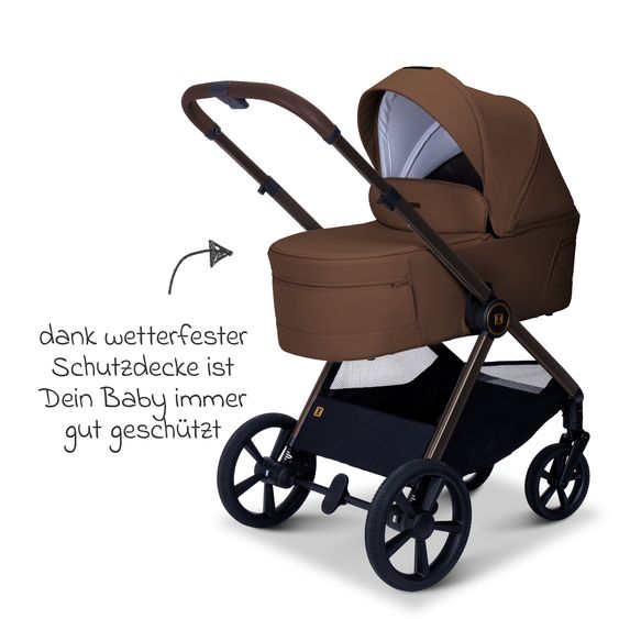 Moon 2 in 1 Combi Stroller Stylo up to 22 kg with recline position, telescopic handlebar, changing backpack, adapter & rain cover - Cognac