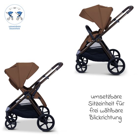 Moon 2 in 1 Combi Stroller Stylo up to 22 kg with recline position, telescopic handlebar, changing backpack, adapter & rain cover - Cognac
