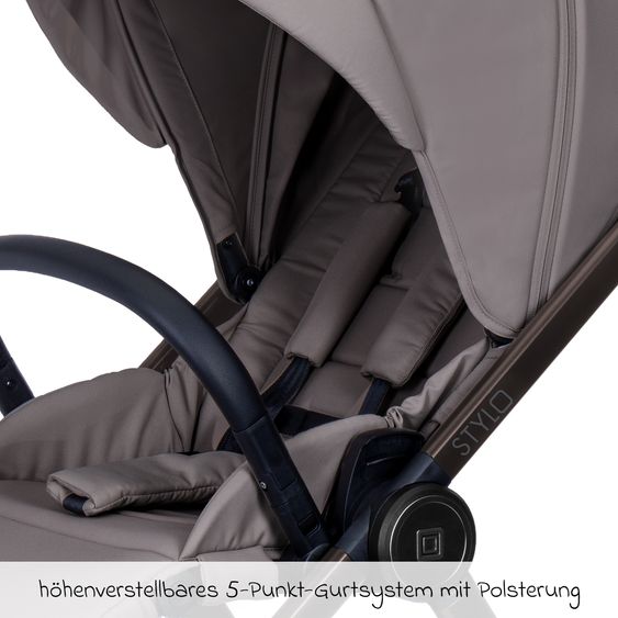 Moon 2 in 1 Kombi-Kinderwagen Stylo bis 22 kg mit Liegeposition, Teleskopschieber, Wickelrucksack, Adapter & Regenschutz - Graphite