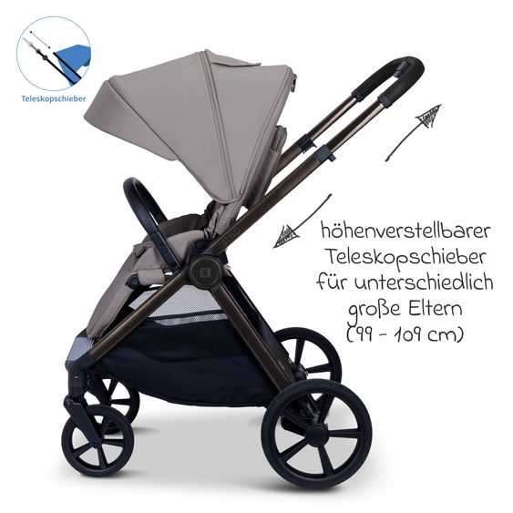 Moon 2 in 1 Kombi-Kinderwagen Stylo bis 22 kg mit Liegeposition, Teleskopschieber, Wickelrucksack, Adapter & Regenschutz - Graphite