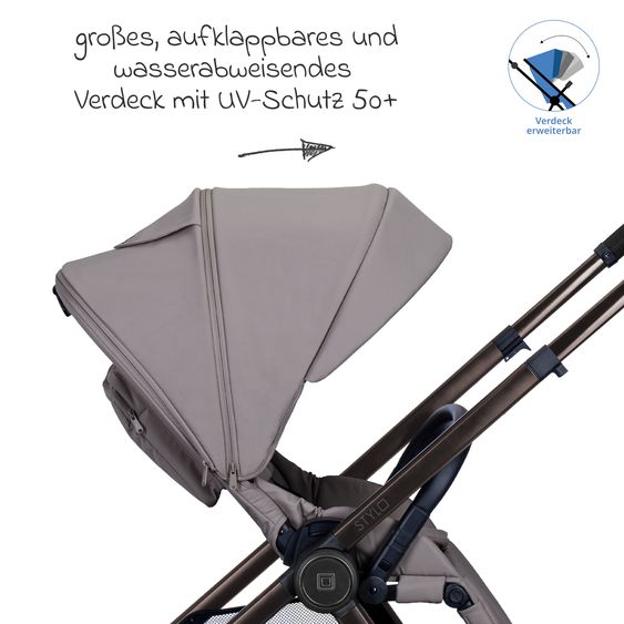 Moon 2 in 1 Kombi-Kinderwagen Stylo bis 22 kg mit Liegeposition, Teleskopschieber, Wickelrucksack, Adapter & Regenschutz - Graphite