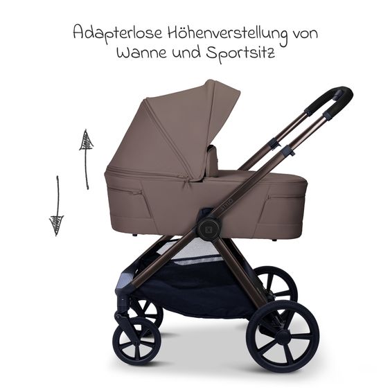 Moon 2 in 1 Kombi-Kinderwagen Stylo bis 22 kg mit Liegeposition, Teleskopschieber, Wickelrucksack, Adapter & Regenschutz - Greige