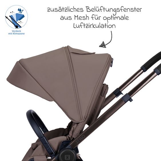 Moon 2 in 1 Kombi-Kinderwagen Stylo bis 22 kg mit Liegeposition, Teleskopschieber, Wickelrucksack, Adapter & Regenschutz - Greige