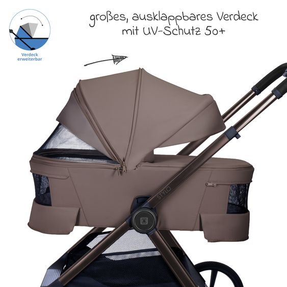 Moon 2 in 1 Kombi-Kinderwagen Stylo bis 22 kg mit Liegeposition, Teleskopschieber, Wickelrucksack, Adapter & Regenschutz - Greige