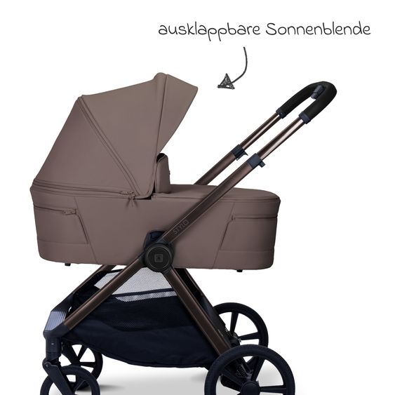 Moon 2 in 1 Kombi-Kinderwagen Stylo bis 22 kg mit Liegeposition, Teleskopschieber, Wickelrucksack, Adapter & Regenschutz - Greige
