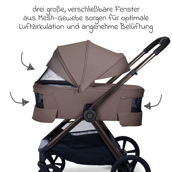 Moon 2 in 1 Kombi-Kinderwagen Stylo bis 22 kg mit Liegeposition, Teleskopschieber, Wickelrucksack, Adapter & Regenschutz - Greige