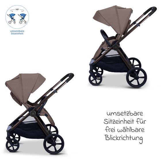 Moon 2 in 1 Kombi-Kinderwagen Stylo bis 22 kg mit Liegeposition, Teleskopschieber, Wickelrucksack, Adapter & Regenschutz - Greige