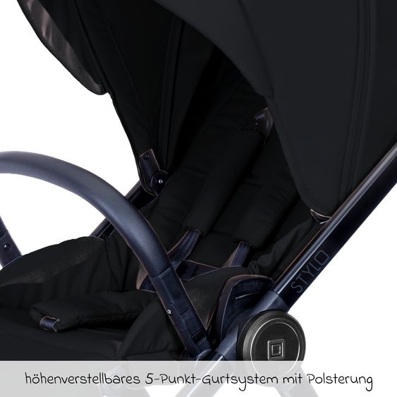 Moon 2 in 1 Kombi-Kinderwagen Stylo bis 22 kg mit Liegeposition, Teleskopschieber, Wickelrucksack, Adapter & Regenschutz - Onyx