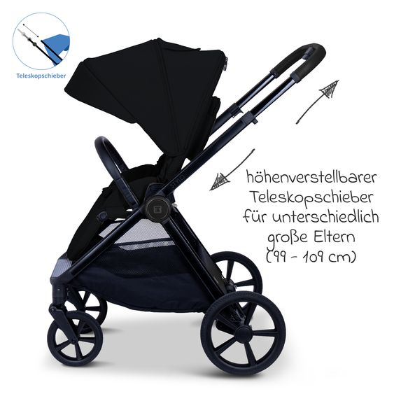 Moon 2 in 1 Kombi-Kinderwagen Stylo bis 22 kg mit Liegeposition, Teleskopschieber, Wickelrucksack, Adapter & Regenschutz - Onyx