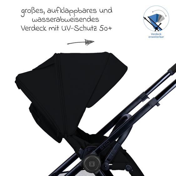 Moon 2 in 1 Kombi-Kinderwagen Stylo bis 22 kg mit Liegeposition, Teleskopschieber, Wickelrucksack, Adapter & Regenschutz - Onyx
