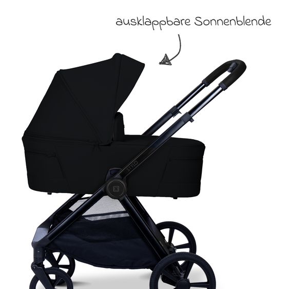 Moon 2 in 1 Kombi-Kinderwagen Stylo bis 22 kg mit Liegeposition, Teleskopschieber, Wickelrucksack, Adapter & Regenschutz - Onyx