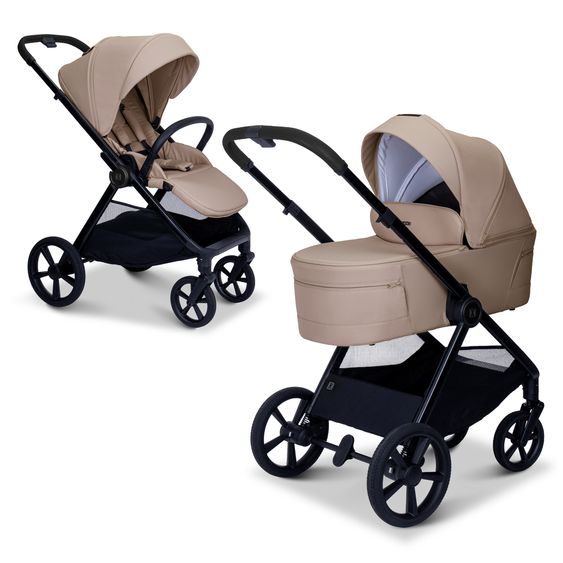Moon 2 in 1 Kombi-Kinderwagen Stylo bis 22 kg mit Liegeposition, Teleskopschieber, Wickelrucksack, Adapter & Regenschutz - Sand
