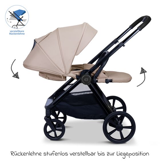 Moon 2 in 1 Kombi-Kinderwagen Stylo bis 22 kg mit Liegeposition, Teleskopschieber, Wickelrucksack, Adapter & Regenschutz - Sand